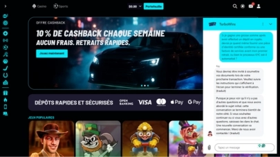 Capture d'écran d'une image du clavardage en direct du casino Turbo Wins sur un écran d'ordinateur 3.