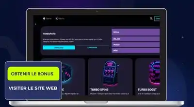 Un ordinateur portable affiche la page d’accueil de Turbo Wins, avec une gemme et un bouton « Réclamer maintenant et visiter le site web » à côté, sur un fond violet foncé.