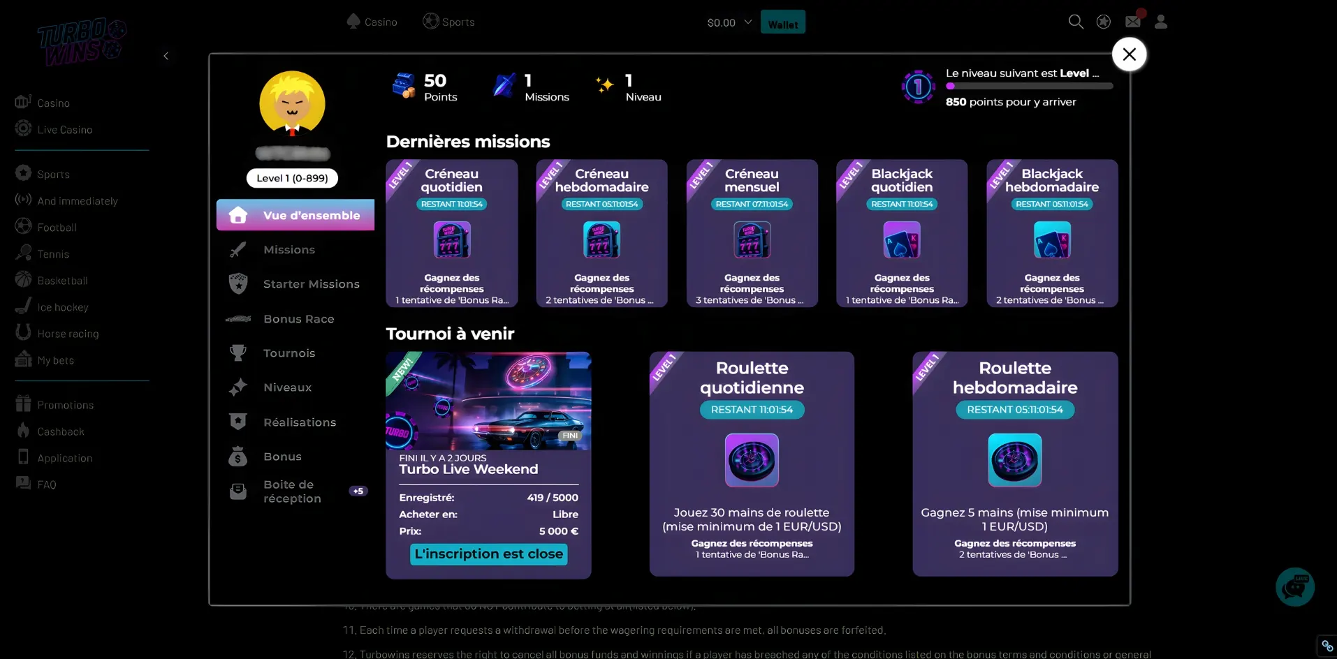 Image illustrant les tournois de casino Turbo Wins.