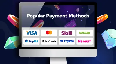 Un ordinateur affiche les modes de paiement populaires avec des formes lumineuses autour de l'écran sur un fond bleu foncé étoilé.