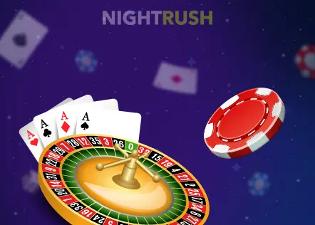 Un fond violet foncé avec NIGHTRUSH en blanc et gris dans le coin supérieur gauche, représentant une roulette dorée, quatre as disposés en éventail et un jeton de casino rouge.
