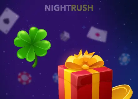 Un fond violet foncé avec NIGHTRUSH en blanc et gris en haut, représentant un trèfle à quatre feuilles vert vif flottant dans les airs et un coffret cadeau rouge et jaune avec un nœud doré en bas à droite.
