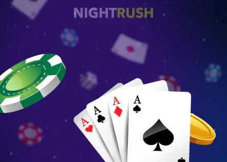 Fond violet foncé avec NIGHTRUSH en blanc et gris en haut, représentant une main de quatre as, un jeton de casino vert et une pièce d'or.