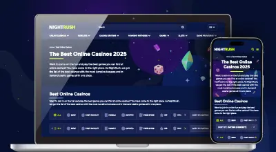 Un ordinateur portable et un téléphone sur le site Nightrush, affichant une liste avec des filtres pour les types de casinos sur un fond bleu foncé étoilé.