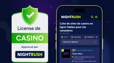 Un téléphone affiche la page de Nightrush, et un certificat de licence approuvé par Nightrush se trouve à côté, sur un fond bleu étoilé.