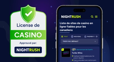 Un téléphone affiche une liste fiable de casinos sur le site Web de Nightrush, et un certificat de licence est affiché à côté, sur un fond étoilé.