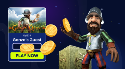 Une illustration de Gonzo, personnage du jeu « Gonzo's Quest », tenant deux pièces d'or, avec trois autres pièces d'or flottant à sa gauche, le tout sur un fond bleu foncé étoilé.