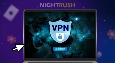 Un ordinateur portable affiche l'image d'un VPN avec un curseur à côté, sur un fond étoilé.