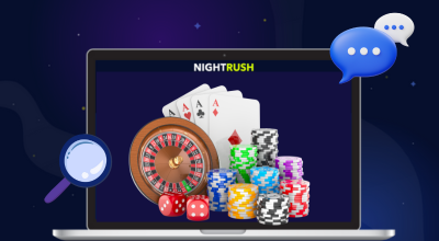 Un ordinateur portable affiche une série d'éléments liés au casino, une loupe et des bulles de discussion à côté, sur un fond bleu étoilé.