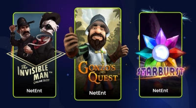 Les jeux Gonzo's Quest, Starbust et The Invisible Man de NetEnt sont présentés sur un fond bleu étoilé.