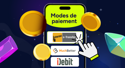 Un téléphone affiche des méthodes de paiement telles que Interac, iDebit et MuchBetter, avec des éléments de casino autour sur un fond étoilé.