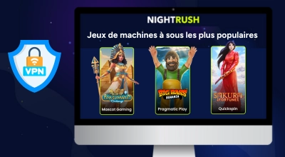 Un écran affiche le texte et les images populaires des machines à sous ; à côté, sur un fond étoilé, se trouve le symbole VPN.