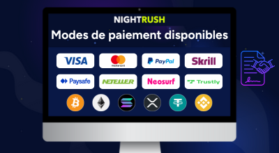 Symboles des modes de paiement et logo Nightrush sur un écran, avec le logo du service client à côté, sur fond étoilé.