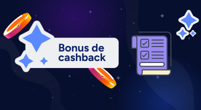 Une bulle montre un bonus cashback, deux jetons dorés, le symbole des conditions générales et une étincelle sur un fond étoilé.