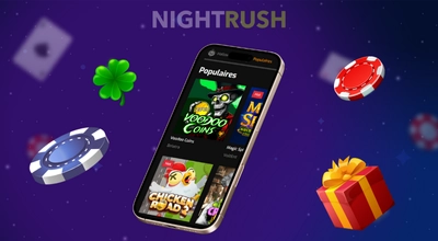 Un téléphone affiche une sélection de jeux de casino populaires avec des jetons de casino, un coffret cadeau et des trèfles volant autour sur un fond étoilé.