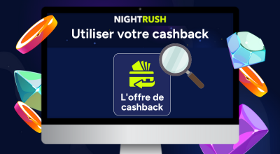 Un écran affiche l'offre de cashback, une loupe, utilisant votre texte de cashback, avec des éléments de casino autour sur un fond bleu.