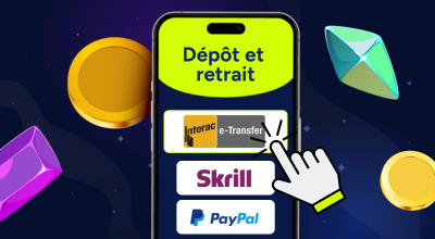 Un téléphone affiche des textes relatifs aux dépôts et aux retraits, les logos Interac, PayPal et Skrill, ainsi qu'une série d'icônes de casino sur un fond étoilé.