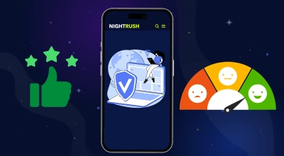 Un téléphone affiche un symbole VPN avec le logo Nightush ; une échelle et un pouce levé indiquent la satisfaction des joueurs sur un fond étoilé.