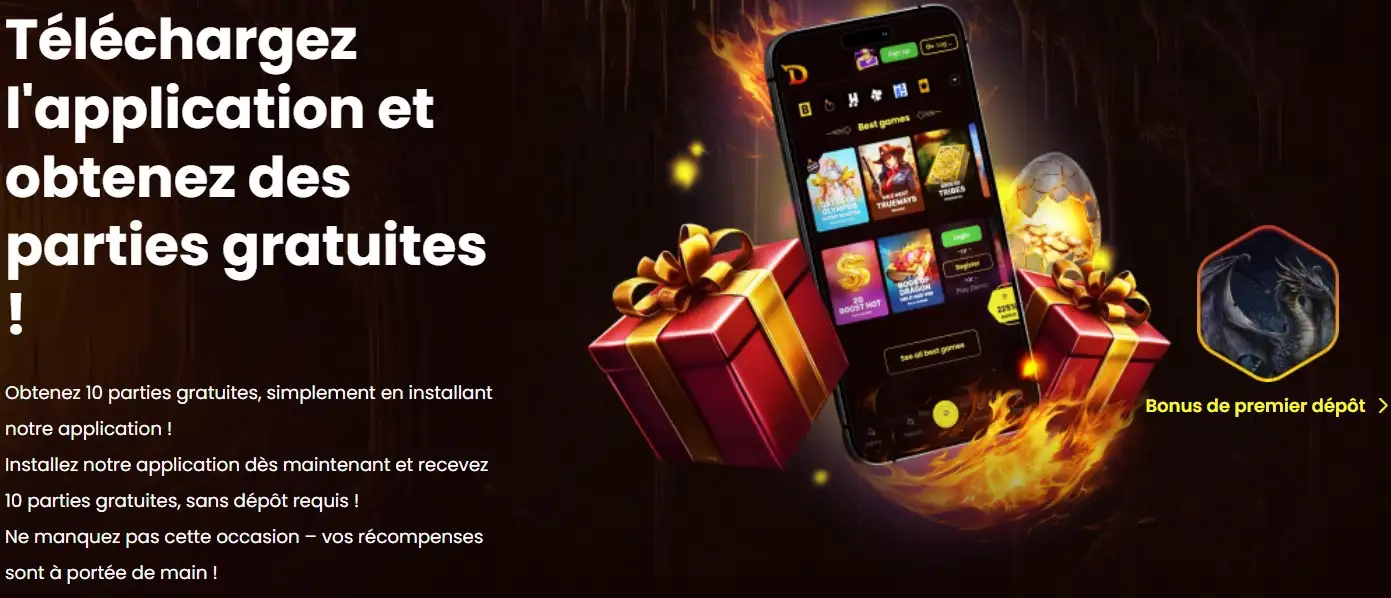 Bannière promotionnelle Dragon Slot montrant un smartphone avec l’application du casino, des cadeaux et l’offre de parties gratuites