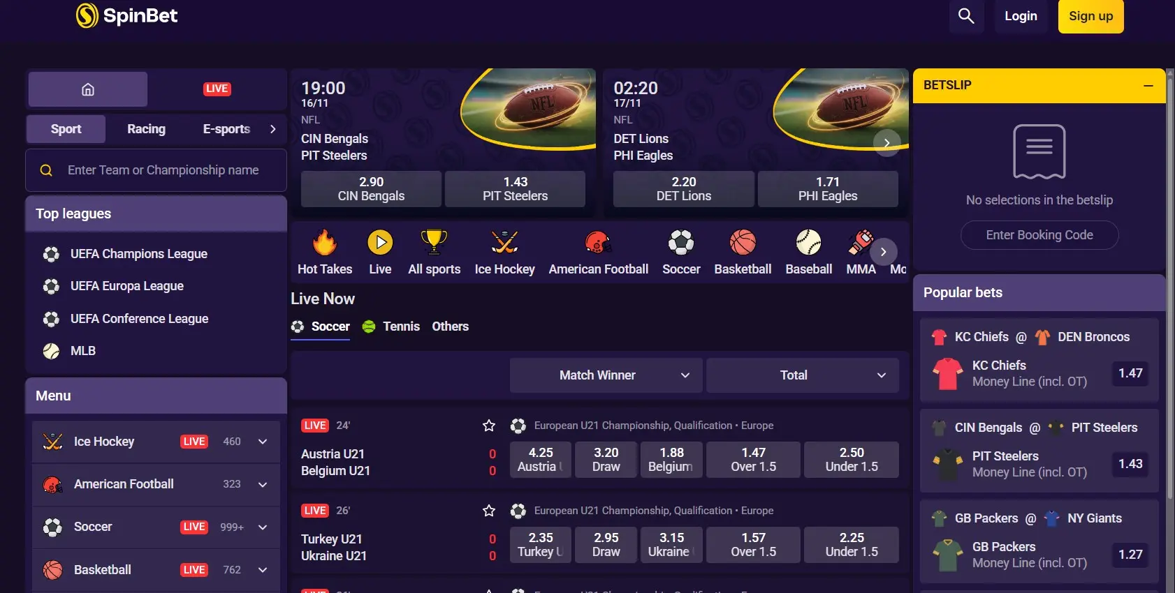 Page paris sportifs de SpinBet Casino