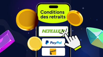 Un écran de téléphone affichant Conditions des retraits et des logos de paiement.