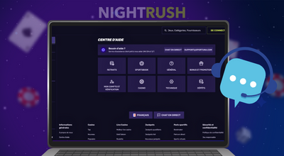 Un ordinateur portable affiche le centre d’aide d’un casino avec des liens vers différents sujets d’assistance.