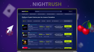 Un ordinateur portable affichant un site de casino en ligne avec une liste de casinos crypto et deux cerises.