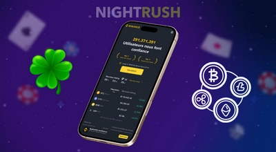 Un téléphone affiche l’application Binance au milieu d’éléments à thème de casino et de symboles cryptographiques.