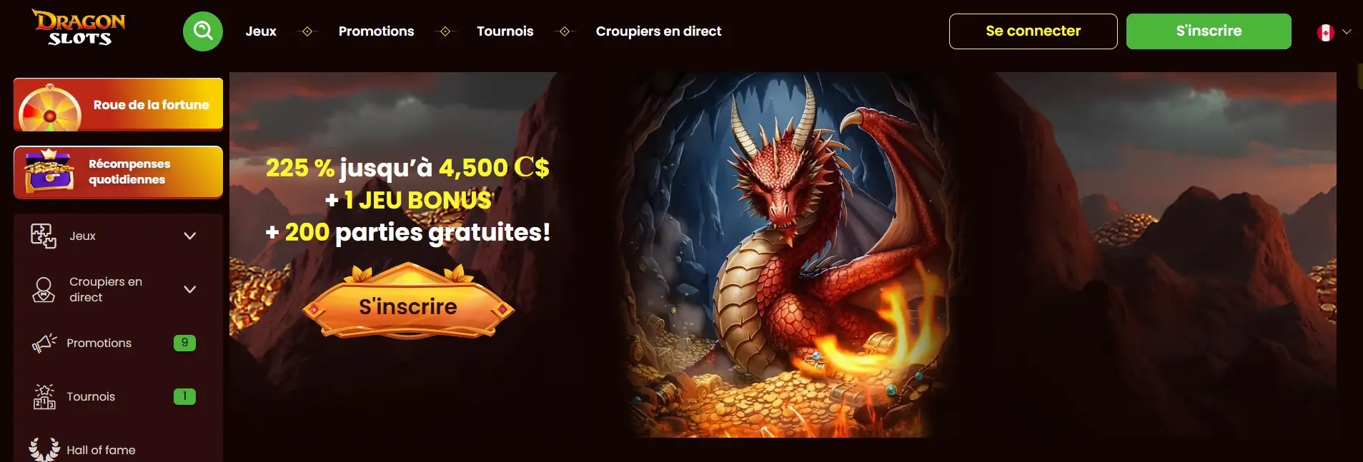 Page d’accueil du casino Dragon Slot avec les jeux et promotions mis en avant