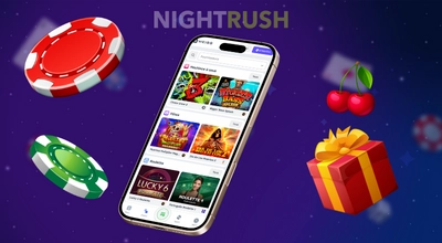 Un téléphone affiche le hall de jeux d’un casino en ligne, entouré de jetons de casino et d’un cadeau.