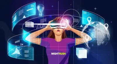 Illustration numérique d’une personne portant un casque VR et un t-shirt violet NIGHTRUSH