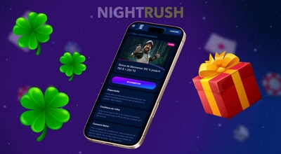 Un smartphone affichant un bonus de bienvenue, entouré de trèfles à quatre feuilles et d’un cadeau.