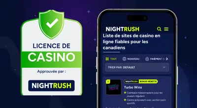 Vue mobile des casinos en ligne fiables pour Canadiens, avec badge licence Nightrush.