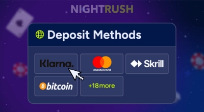 Un ordinateur portable affiche des méthodes de dépôt comme Klarna sur fond bleu foncé étoilé.