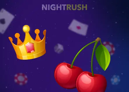 Une couronne dorée et des cerises sur fond de casino spatial.