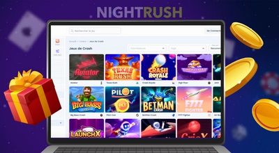 Un ordinateur portable affiche une grille de titres de jeux Crash sur un site de casino en ligne.