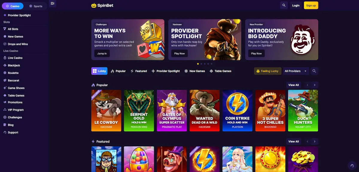 Page d’accueil de SpinBet Casino avec les machines à sous tendances