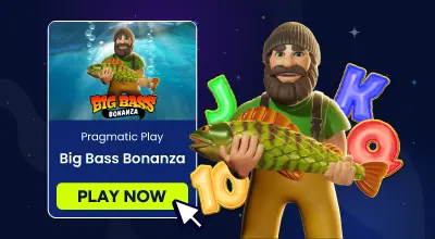 Pêcheur barbu de Big Bass Bonanza tenant un poisson, à côté d'une carte d'aperçu du jeu avec PLAY NOW.