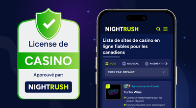 Téléphone affichant le site Nightrush avec un badge approuvé.