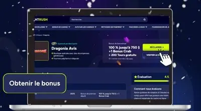 Page d’accueil de Dragonia Casino avec le bouton pour réclamer le bonus de bienvenue.