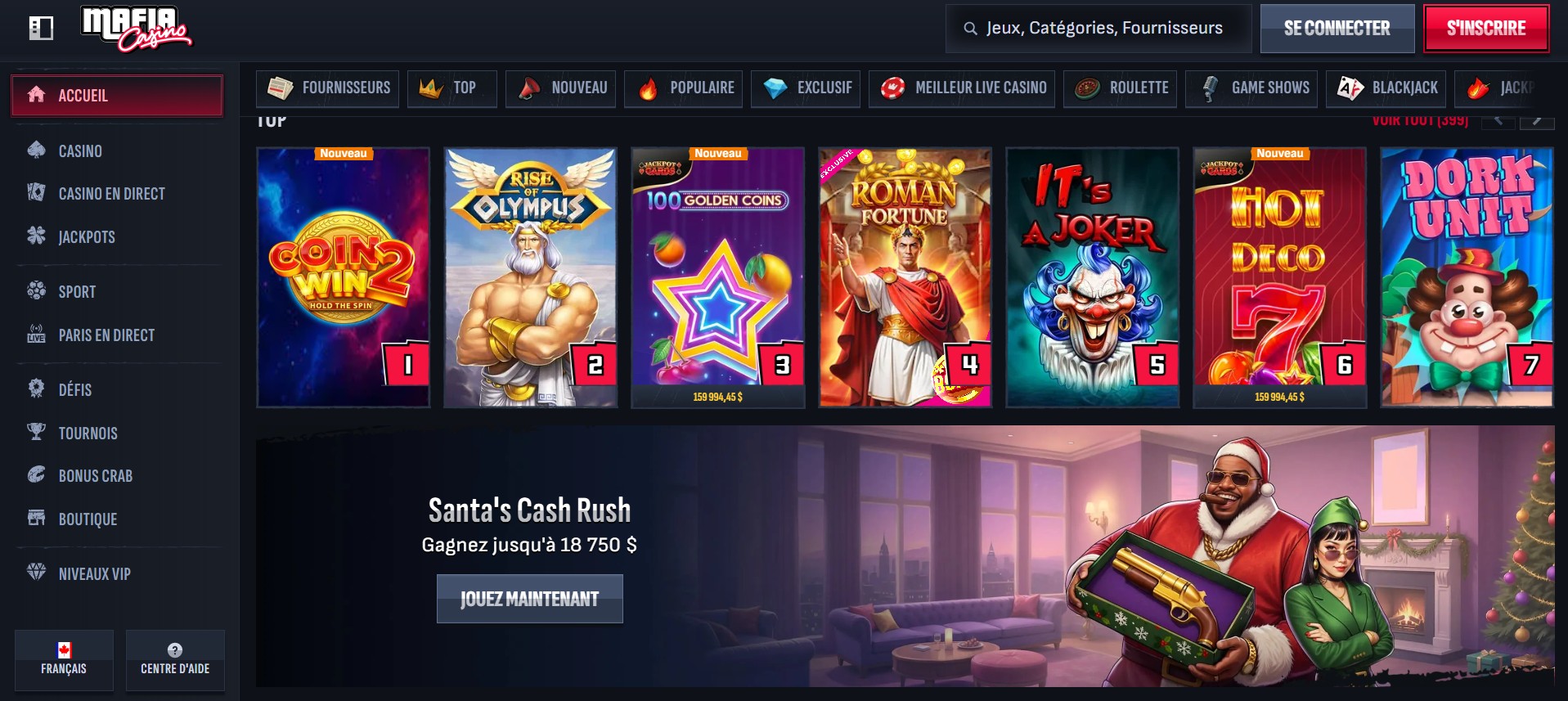 Sélection de machines à sous populaires sur Mafia Casino, avec les jeux les plus joués du moment.