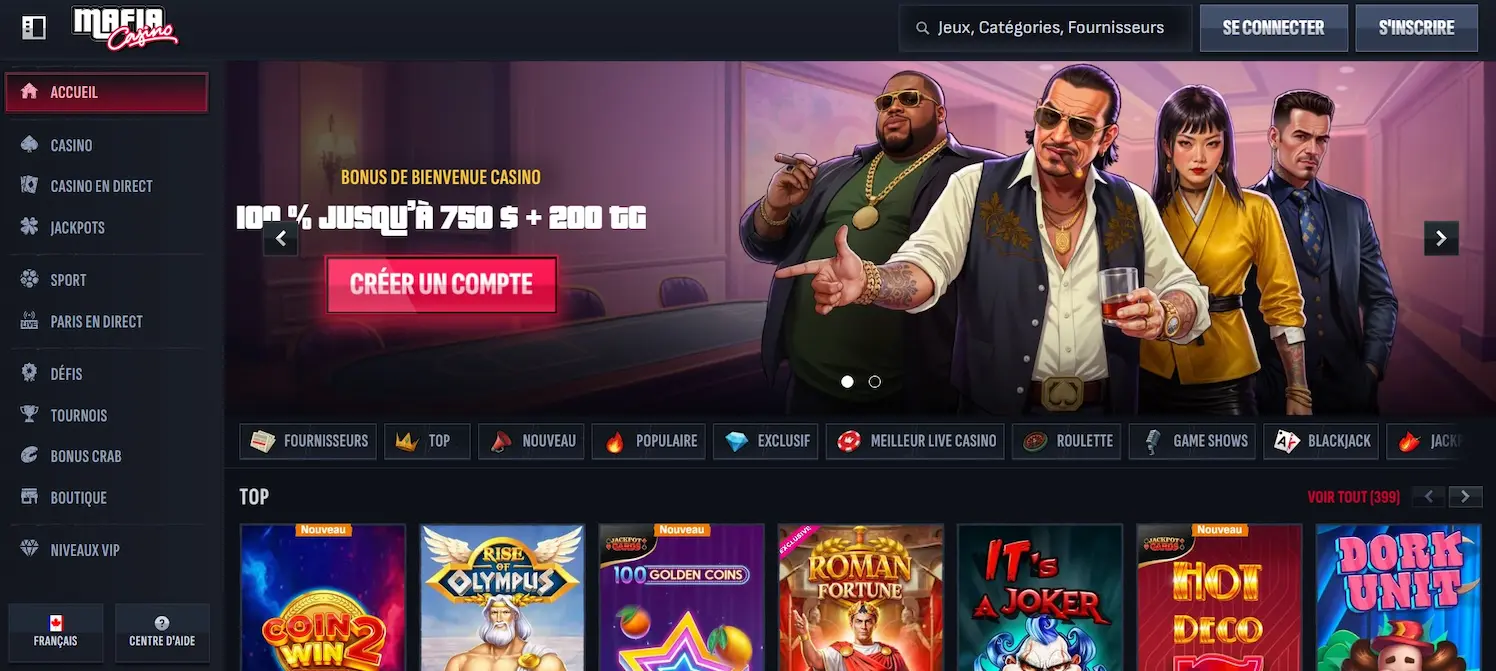 Page d’accueil de Mafia Casino mettant en avant le bonus de bienvenue et les catégories de jeux.