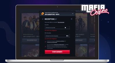 Première étape d’inscription sur Mafia Casino, avec champs email, mot de passe et pays.