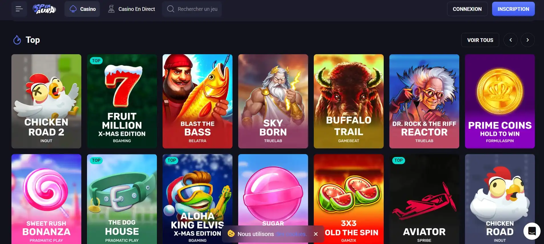 Page d’accueil du casino Spinaura avec ludothèque