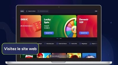 Interface du site SpinAura affichée sur un ordinateur portable, avec les sections bonus, Lucky Spin et VIP mises en avant.