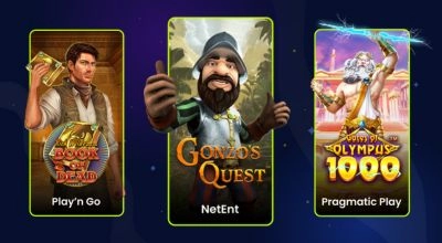 Sélection de jeux de casino populaires : Book of Dead, Gonzo’s Quest et Gates of Olympus.