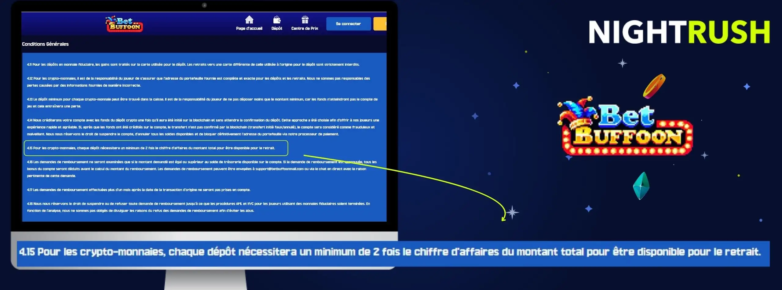 Interface Betbuffoon crypto avec conditions de dépôt et retrait en ligne