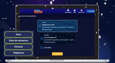 Sélection du bonus de bienvenue sur Bet Buffoon, affichée sur ordinateur portable.