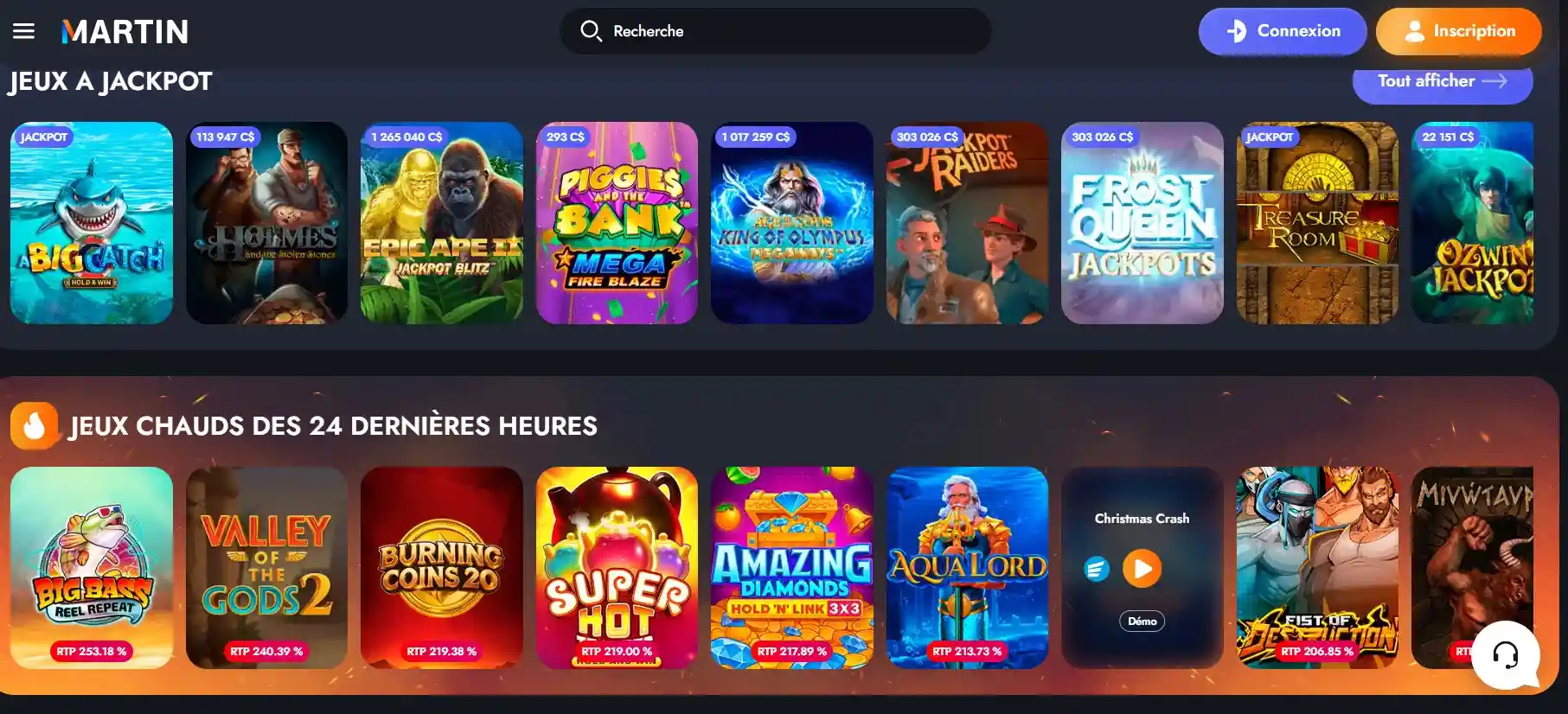 Sélection de jeux à jackpot sur Martin Casino.