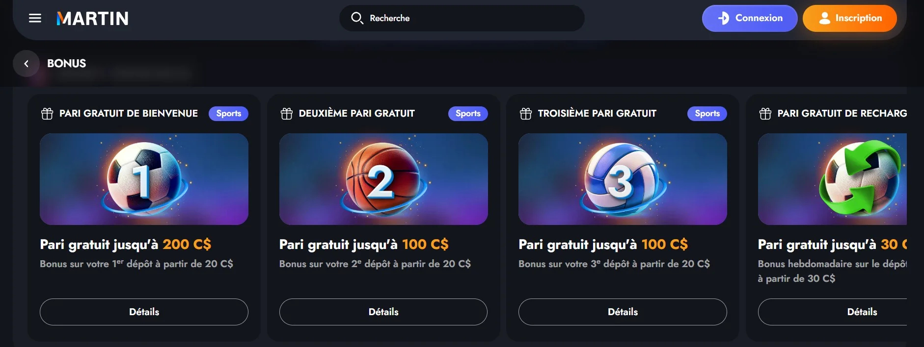 Bonus de paris sportifs sur Martin Casino avec plusieurs offres de paris gratuits.